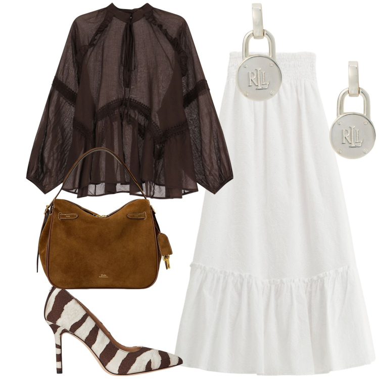 Outfit donna - Ristorante con amici. Stile Glamour per Tutti i giorni. Abbinamento con gonne lunghe, bluse, orecchini, borse a mano, décolleté.