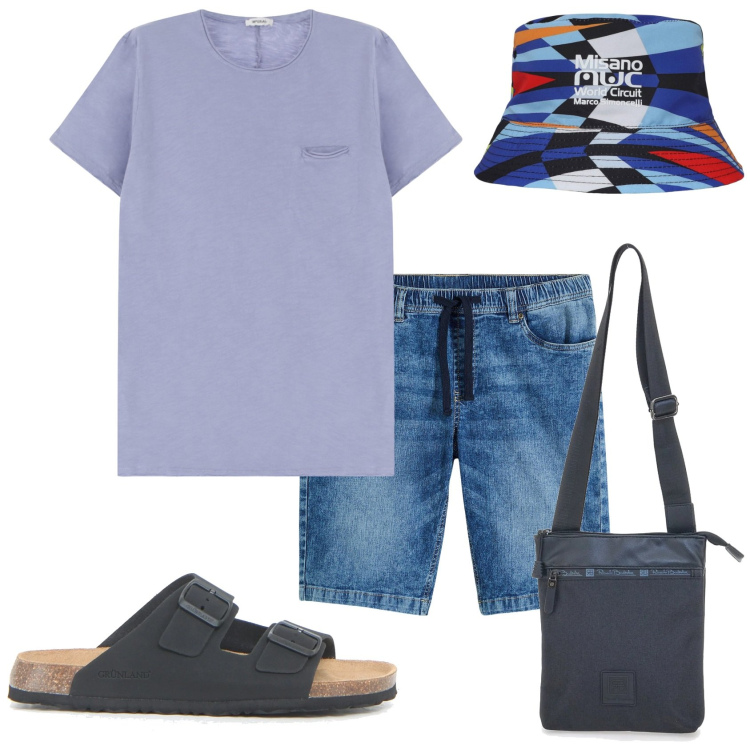 Outfit uomo - In giro per visitare. Stile Urban per Tutti i giorni. Abbinamento con bermuda, cappelli, t-shirt, portafogli, sandali.