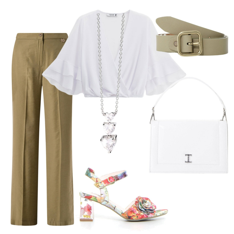 Outfit donna - Total look #2182089. Stile Chic per Serata fuori. Abbinamento con borse a tracolla, cinture, collane, pantaloni, top, sandali col tacco.