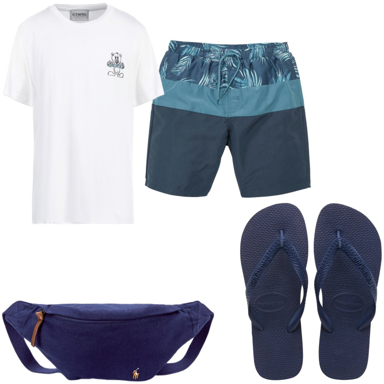 Outfit uomo - Mare. Stile Casual per Mare. Abbinamento con costumi, t-shirt, borse sportive, sandali.