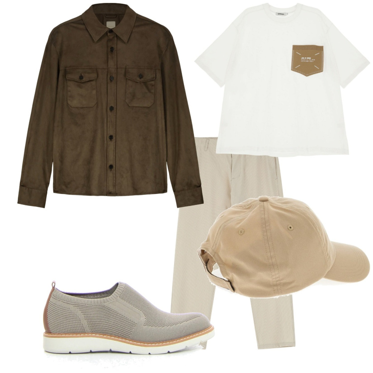 Outfit uomo - Quasi sera. Stile Casual per Tutti i giorni. Abbinamento con pantaloni, t-shirt, giacche, cappelli, scarpe stringate.