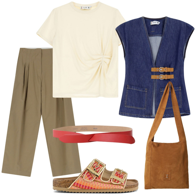 Outfit donna - New collection. Stile Casual chic per Tutti i giorni. Abbinamento con pantaloni, gilet, t-shirt, borse a tracolla, cinture, sandali.