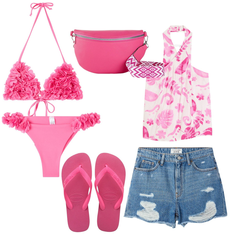 Outfit donna - Passeggiata al mare. Stile Casual per Mare. Abbinamento con top, marsupi, shorts, bikini, bikini, ciabatte.