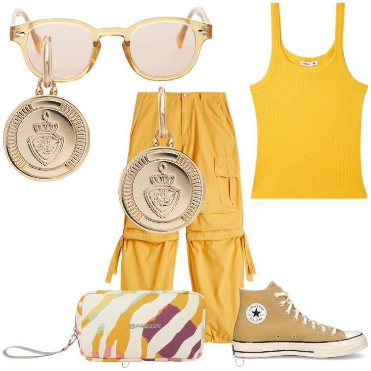Outfit donna - Giallo come il sole. Stile Casual chic per Tutti i giorni. Abbinamento con canottiere, occhiali da sole, pantaloni cargo, valigie, orecchini, sneakers.