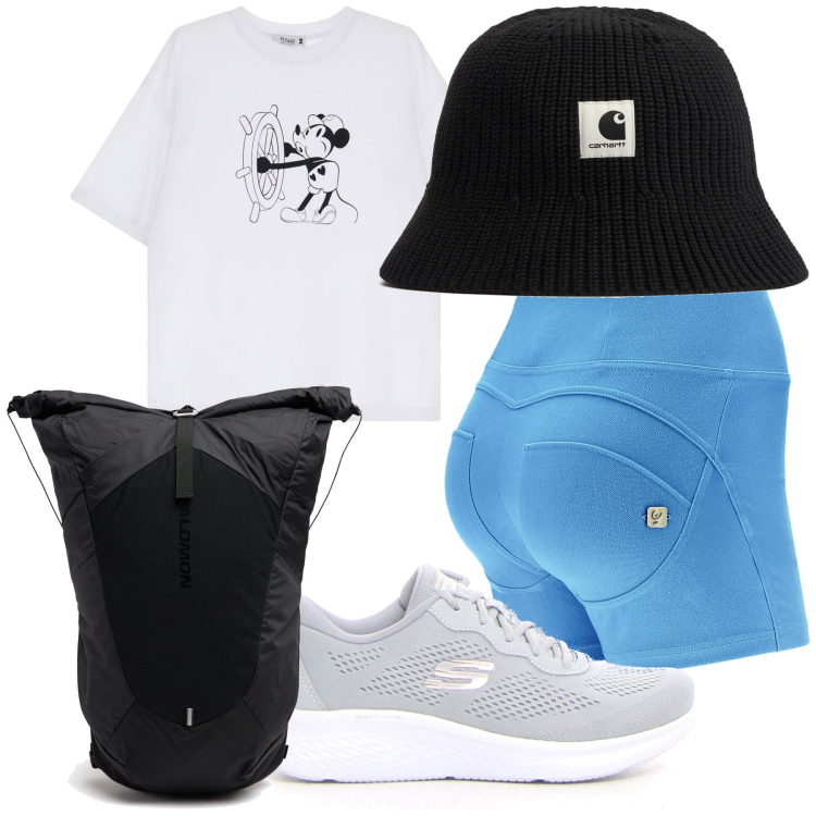 Outfit donna - Sotto il sole. Stile Trendy per Tutti i giorni. Abbinamento con t-shirt, shorts, zaini, cappelli, sneakers.