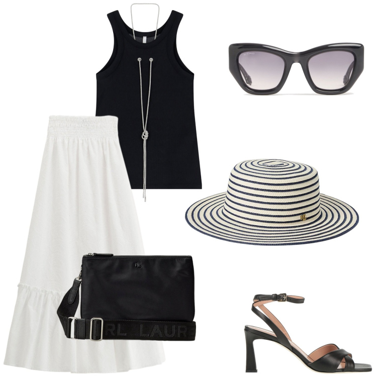 Outfit donna - Gonna lunga bianca boho. Stile Boho per Tutti i giorni. Abbinamento con sandali in pelle, gonne lunghe, top, borse a tracolla, cappelli, occhiali da sole.