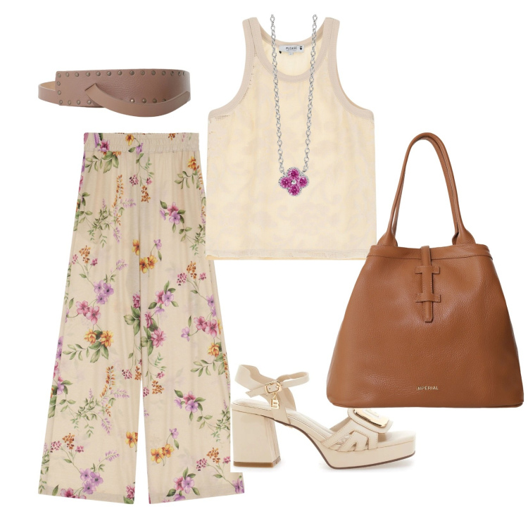 Outfit donna - Domenica mattina. per Tutti i giorni. Abbinamento con collane, borse tote, pantaloni, top, cinture, sandali col tacco.