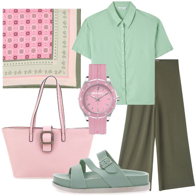 Outfit donna - Senza pensieri. Stile Basic per Tutti i giorni. Abbinamento con camicie a manica corta, pantaloni culotte, foulard, orologi, ciabatte, borse a spalla.
