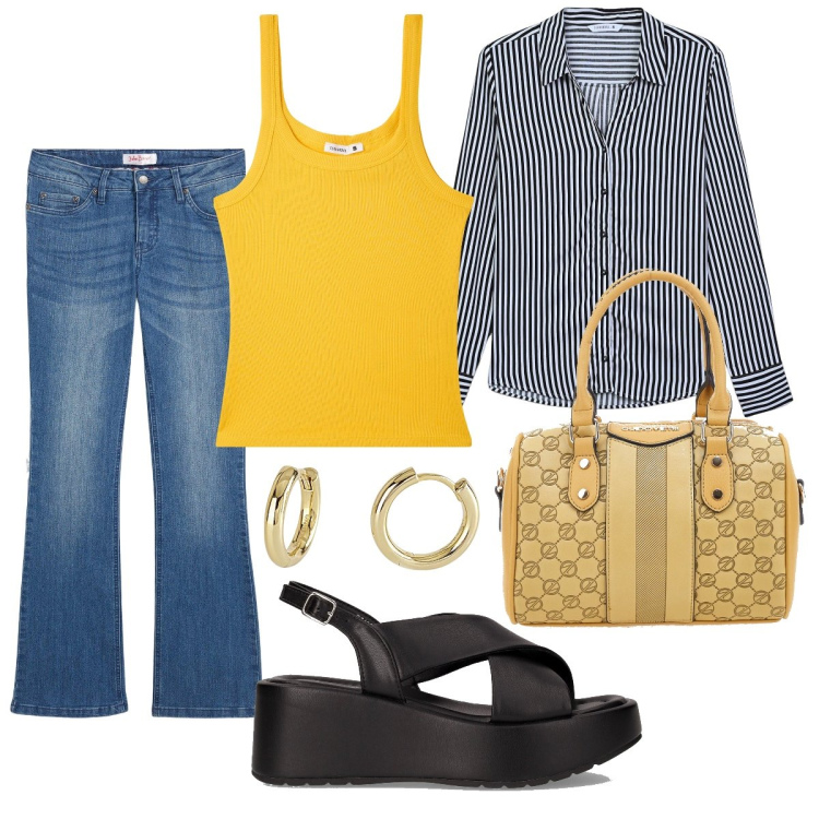 Outfit donna - Il top giallo in ufficio. Stile Bon Ton per Ufficio. Abbinamento con jeans bootcut, camicie, canottiere, orecchini, borse a spalla, sandali.