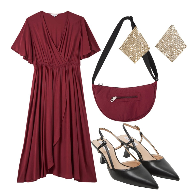 Outfit donna - L’abito incrociato. Stile Bon Ton per Ufficio. Abbinamento con sabot, vestiti lunghi, orecchini, borse a tracolla.