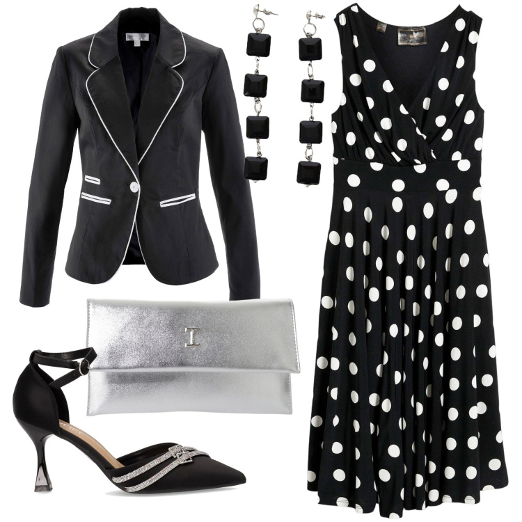 Outfit donna - Black & white. Stile Bon Ton per Cerimonia. Abbinamento con vestiti, blazer, pochette, orecchini, décolleté.