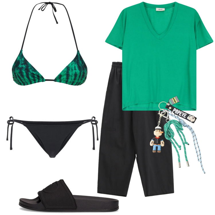 Outfit donna - Olivia. Stile Casual per Mare. Abbinamento con pantaloni corti, t-shirt, portachiavi, bikini, bikini, ciabatte.