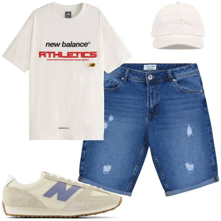 Outfit uomo - New balance. Stile Casual per Tutti i giorni. Abbinamento con bermuda, t-shirt, sneakers, cappelli.