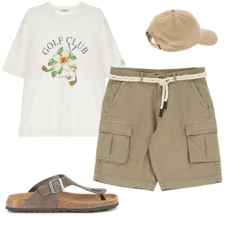 Outfit uomo - Al mare. Stile Casual per Mare. Abbinamento con t-shirt, bermuda, cappelli, sandali.