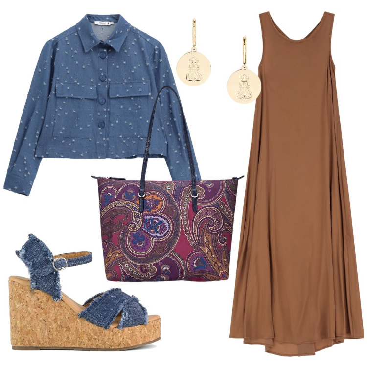 Outfit donna - L’abito fresco per l’estate. Stile Boho per Tutti i giorni. Abbinamento con vestiti lunghi, blazer, borse tote, orecchini, zeppe.