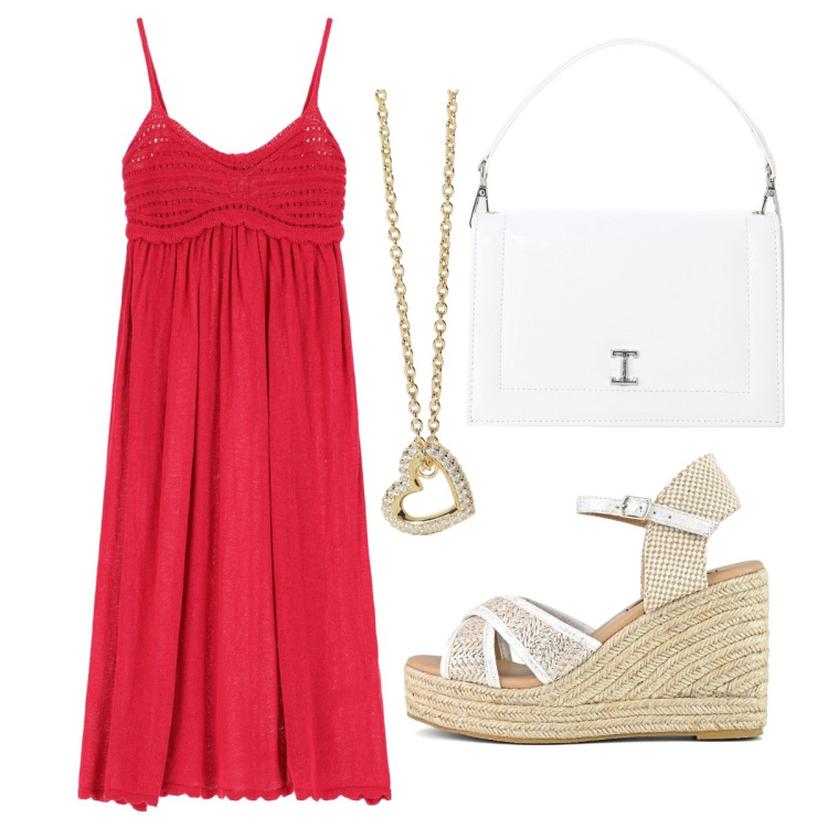 Outfit donna - Rosso passione. Stile Boho per Tutti i giorni. Abbinamento con collane, vestiti, borse a tracolla, zeppe.