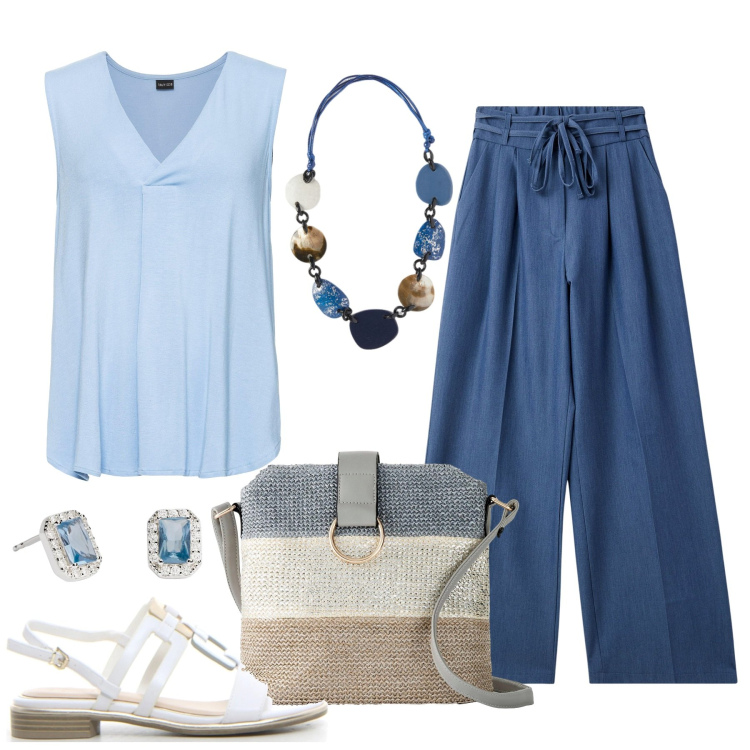 Outfit donna - Blu denim. Stile Basic per Tutti i giorni. Abbinamento con top, borse a tracolla, jeans, orecchini, sandali, collane.