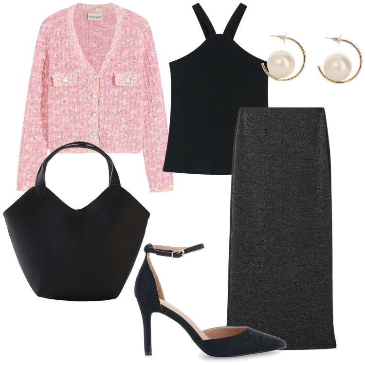 Outfit donna - Un golfino al posto del blazer. Stile Bon Ton per Serata fuori. Abbinamento con cardigans, borse a mano, gonne lunghe, top, orecchini, décolleté.