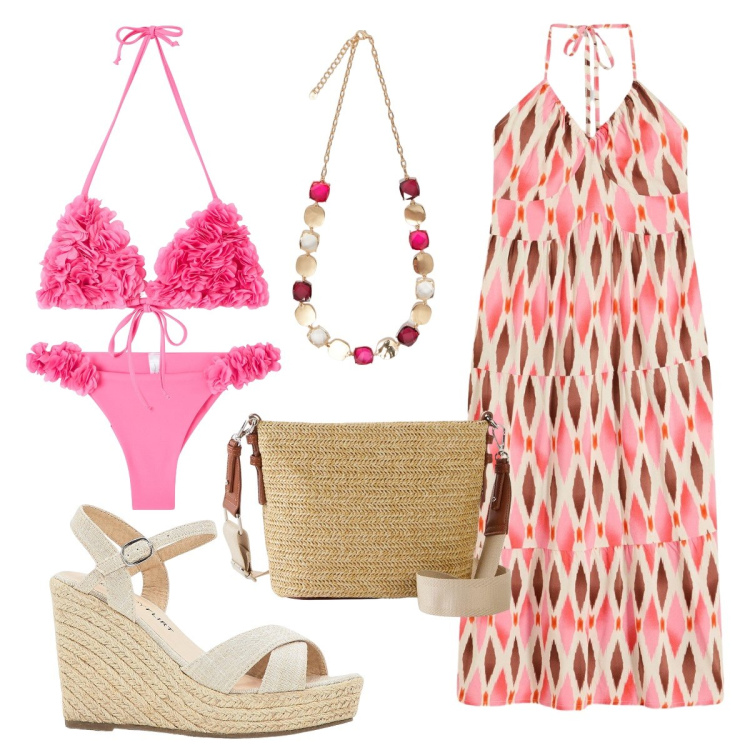 Outfit donna - In spiaggia con il rosa. Stile Boho per Mare. Abbinamento con sandali, borse a tracolla, vestiti midi/longuette, bikini, bikini, collane.