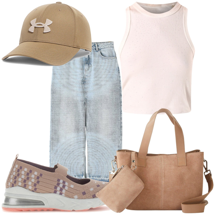 Outfit donna - Domenica di spese. Stile Casual per Tutti i giorni. Abbinamento con borse a mano, gonne lunghe, top, ballerine, cappelli.