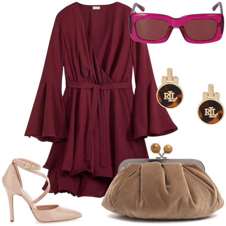 Outfit donna - Domenica di cerimonia. Stile Glamour per Cerimonia. Abbinamento con vestiti, orecchini, décolleté, occhiali da sole, pochette.