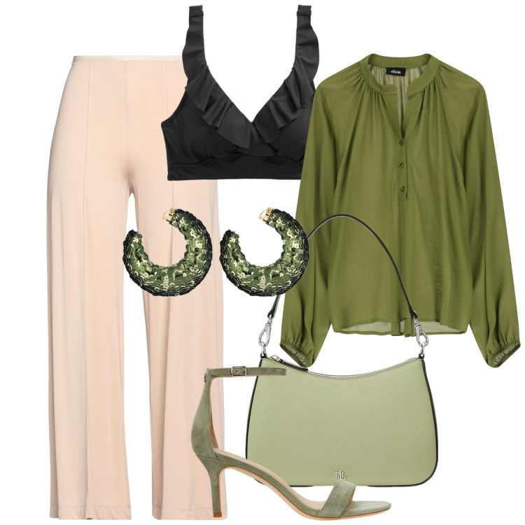 Outfit donna - Chic al lavoro. Stile Chic per Ufficio. Abbinamento con pantaloni, camicie, borse a spalla, top, sandali in pelle, orecchini.