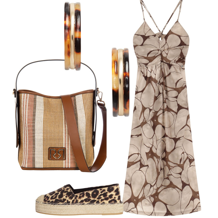 Outfit donna - Domenica dí passeggiata. Stile Trendy per Tutti i giorni. Abbinamento con espadrillas, borse a secchiello, vestiti lunghi, orecchini.