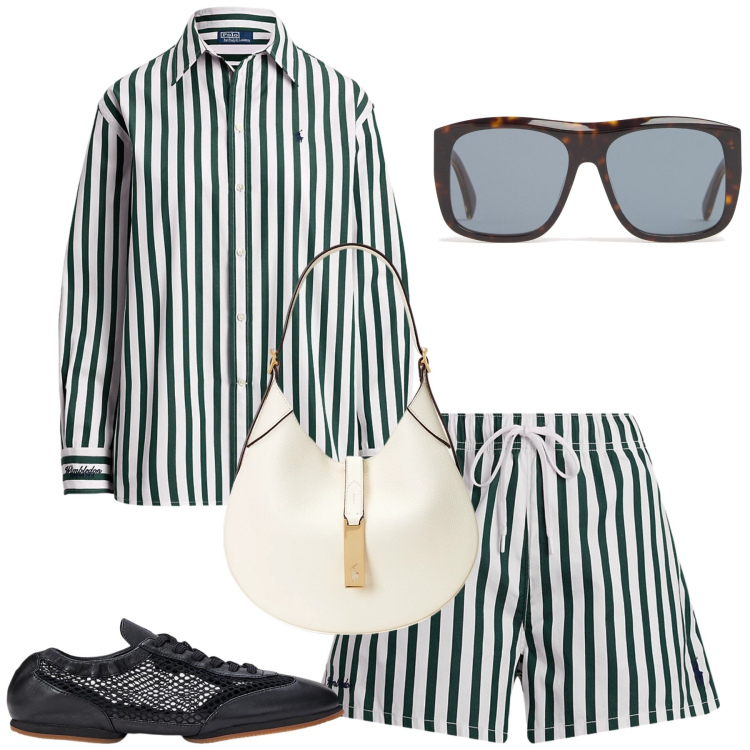 Outfit donna - Completo fresco in città. Stile Casual chic per Tutti i giorni. Abbinamento con borse a spalla, camicie, ballerine, shorts, occhiali da sole.
