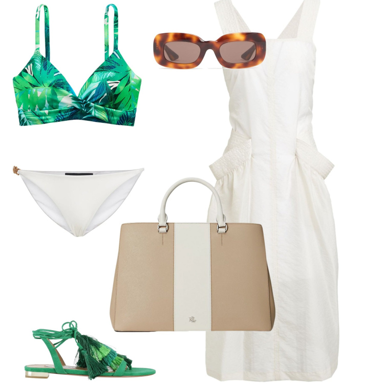 Outfit donna - Costume e charm. Stile Casual chic per Mare. Abbinamento con infradito, vestiti midi/longuette, borse a mano, bikini, occhiali da sole, bikini.