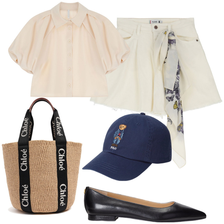 Outfit donna - Domenica con amici. Stile Urban per Tutti i giorni. Abbinamento con shorts, camicie a manica corta, ballerine, cappelli, shopping bag.