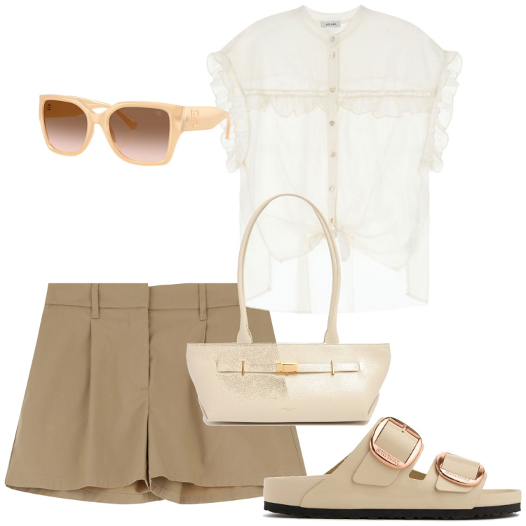Outfit donna - Semplicemente perfetta. Stile Chic per Tutti i giorni. Abbinamento con shorts, camicie a manica corta, occhiali da sole, sandali in pelle, borse a spalla.