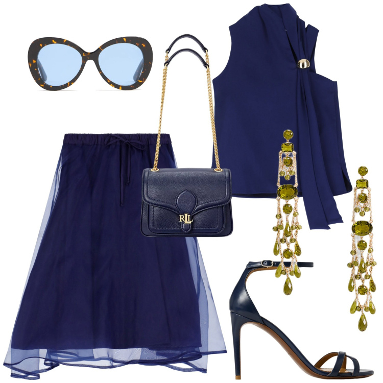 Outfit donna - Invitata in blu. Stile Chic per Cerimonia. Abbinamento con top, gonne longuette, borse a spalla, sandali col tacco, orecchini, occhiali da sole.