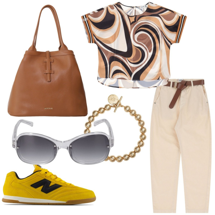 Outfit donna - Tempo Libero. Stile Preppy per Tutti i giorni. Abbinamento con sneakers, pantaloni chino, bluse, borse tote, braccialetti, occhiali da sole.