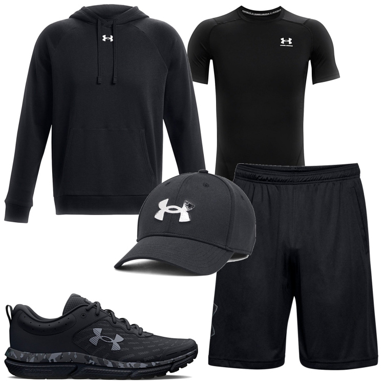Outfit uomo - Under Armour. Stile Casual per Sport. Abbinamento con felpe con cappuccio, cappelli, scarpe sportive, shorts, t-shirt sportive.