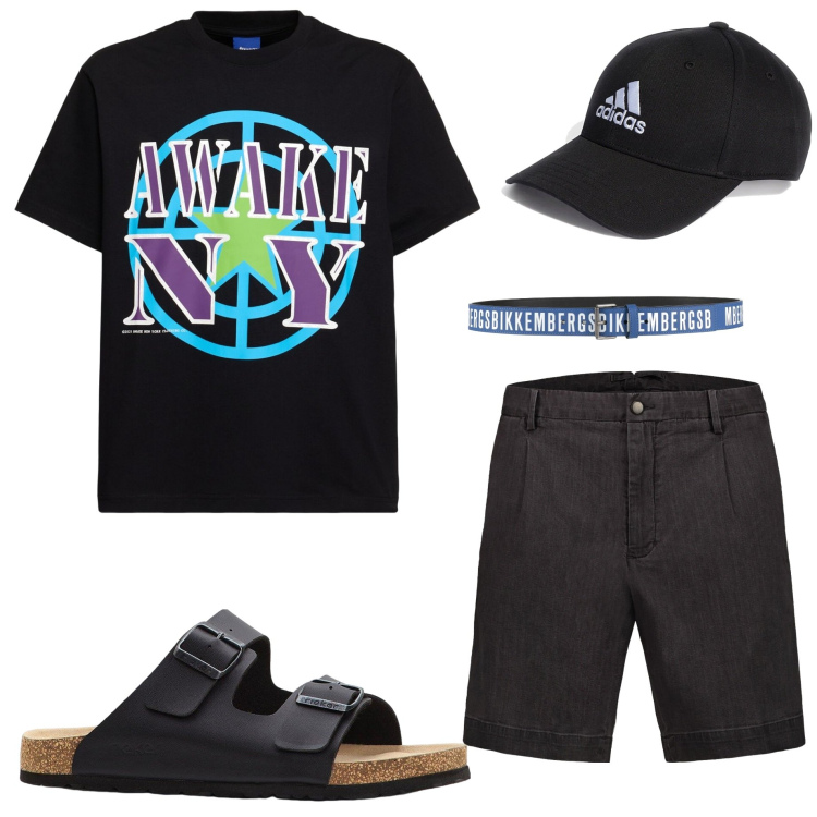 Outfit uomo - Grigliata con amici. Stile Casual per Serata speciale. Abbinamento con sandali, cinture, bermuda, cappelli con visiera, t-shirt.