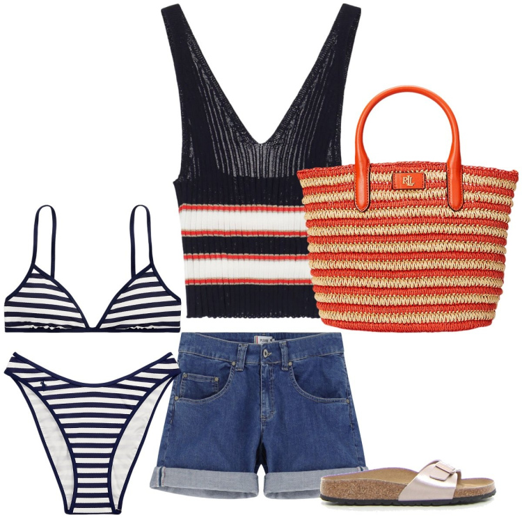 Outfit donna - Portami al mare. Stile Minimal per Mare. look ideale per Tall. Abbinamento con shorts, top, borse tote, bikini, bikini, ciabatte.