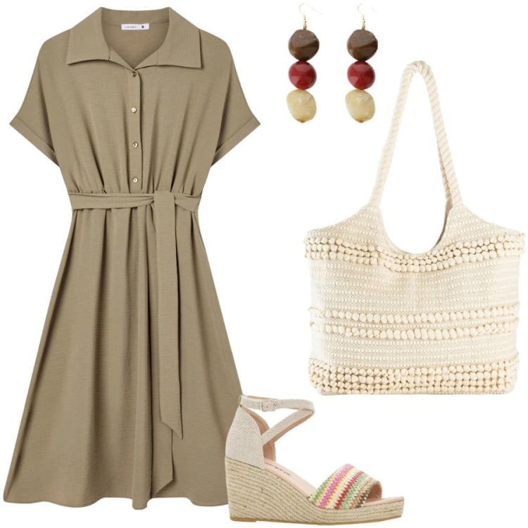 Outfit donna - Per una fresca estate. Stile Casual per Tutti i giorni. Abbinamento con shopping bag, sandali, vestiti chemisier, orecchini.