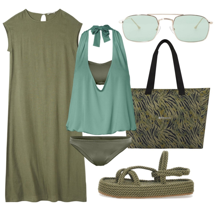 Outfit donna - In riva al mare. Stile Boho per Mare. Abbinamento con costumi interi, vestiti lunghi, occhiali da sole, shopping bag, sandali.