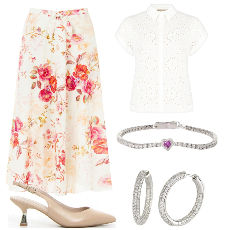 Outfit donna - Coordinati leggeri e chic. Stile Romantica per Serata fuori. Abbinamento con camicie a manica corta, gonne longuette, orecchini, braccialetti, décolleté.