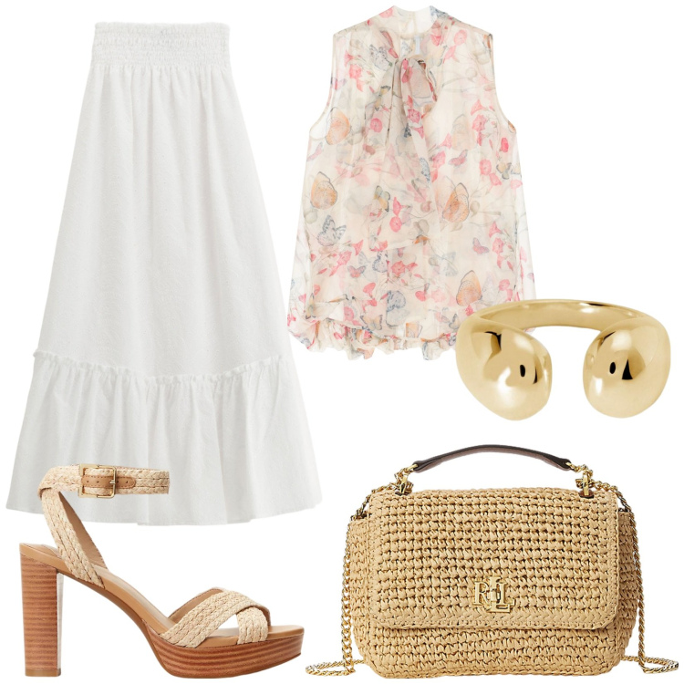 Outfit donna - Gonna lunga e sandali. Stile Romantica per Serata fuori. Abbinamento con anelli, gonne lunghe, camicie, borse a spalla, sandali.