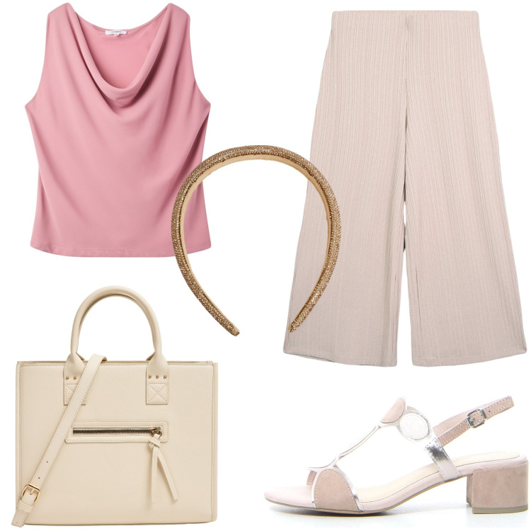 Outfit donna - Coordinati leggeri e chic. Stile Casual per Ufficio. Abbinamento con canottiere, pantaloni a palazzo, shopping bag, cerchietti, sandali col tacco.