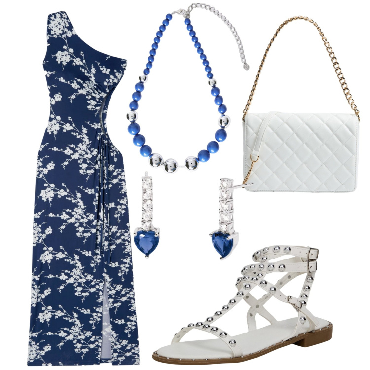 Outfit donna - Blue& White. Stile Romantica per Tutti i giorni. Abbinamento con vestiti asimmetrici, sandali, borse a tracolla, orecchini, collane.