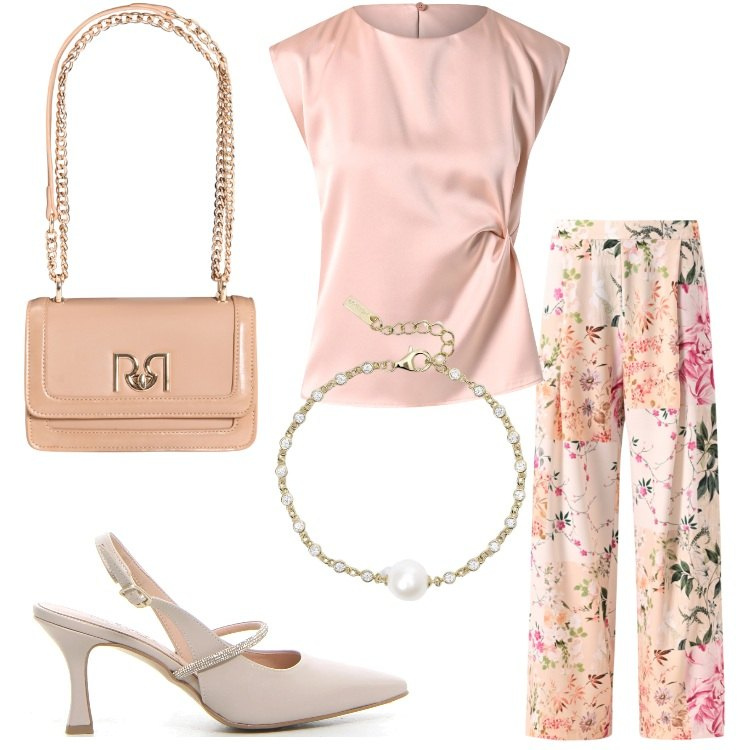 Outfit donna - Coordinati leggeri e chic. Stile Romantica per Serata fuori. Abbinamento con braccialetti, top, pantaloni, borse a tracolla, décolleté.