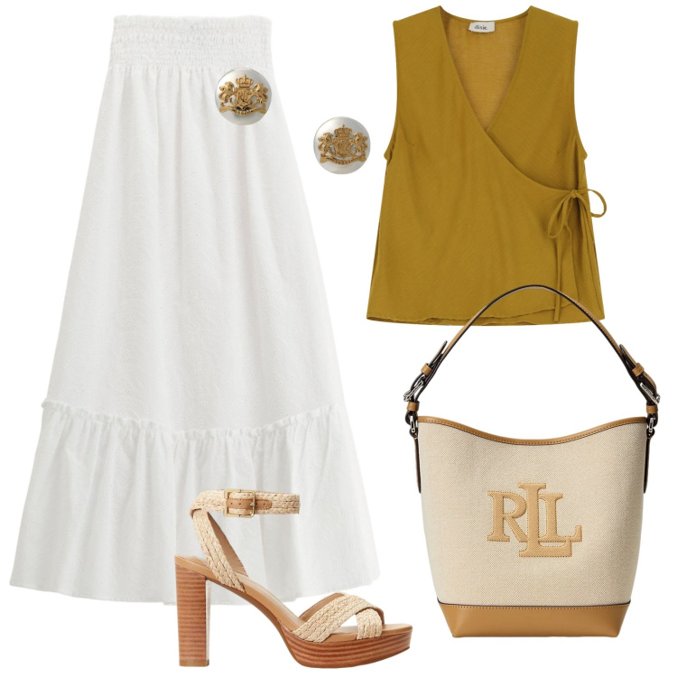 Outfit donna - Colori Estivi. Stile Bon Ton per Serata fuori. Abbinamento con gonne lunghe, orecchini, sandali, borse a secchiello, top.