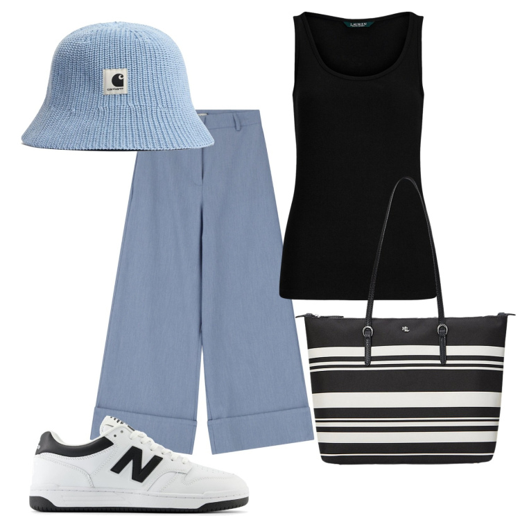 Outfit donna - In giro. Stile Casual per Tutti i giorni. Abbinamento con sneakers, pantaloni a palazzo, canottiere, borse tote, cappelli.