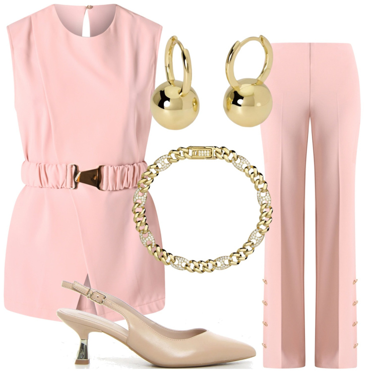 Outfit donna - Rosa pastello. Stile Bon Ton per Cerimonia. Abbinamento con pantaloni a palazzo, bluse, braccialetti, orecchini, décolleté.