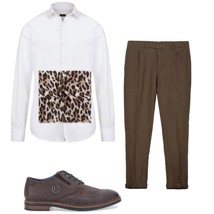 Outfit uomo - Bianco e marrone. Stile Business/Elegante per Serata speciale. Abbinamento con sciarpe e foulard, scarpe stringate, camicie, pantaloni.