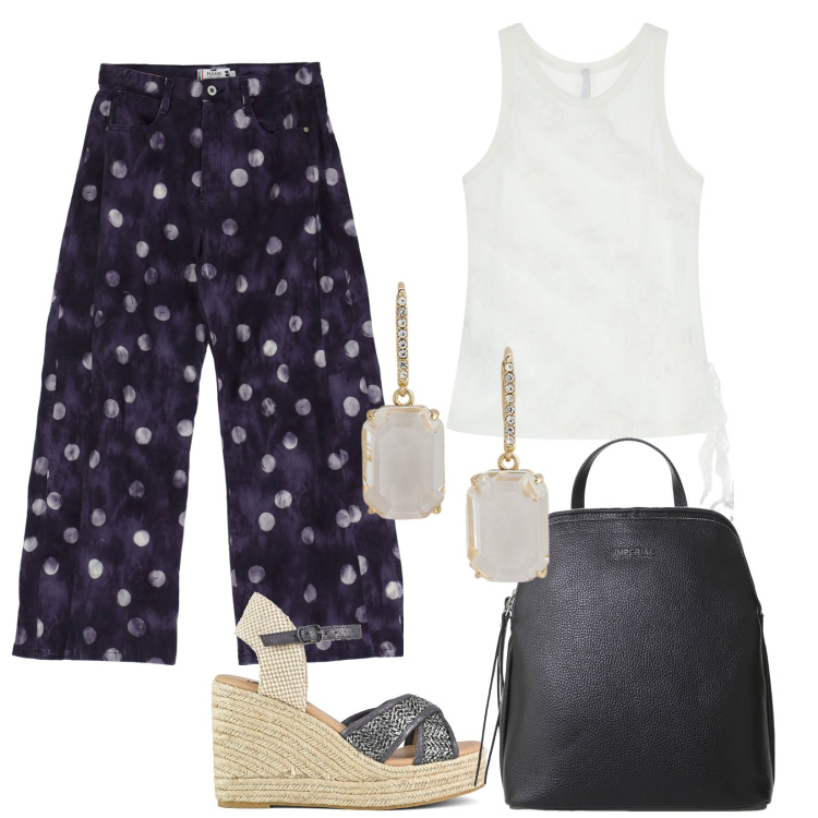 Outfit donna - Pantaloni a pois. Stile Vintage retrò per Serata fuori. Abbinamento con pantaloni, zaini, top, orecchini, zeppe.