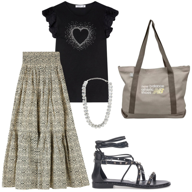 Outfit donna - Boho e nero. Stile Boho per Tutti i giorni. Abbinamento con gonne lunghe, t-shirt, collane, shopping bag, sandali alla schiava.
