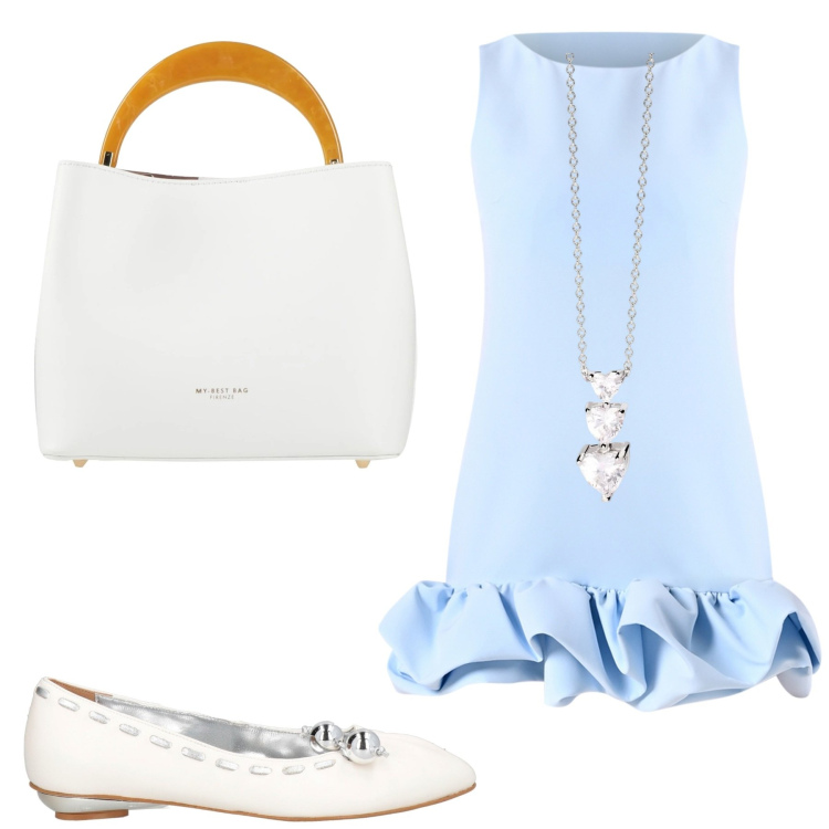 Outfit donna - Mini abito celeste. Stile Casual per Tutti i giorni. Abbinamento con borse a mano, ballerine, vestiti corti, collane.